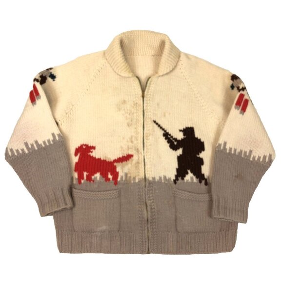 Vintage Cowichan Knitted Zip Sweater Hunter Dog Hunting Pheasant Talon Zipper - Picture 1 of 11